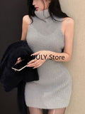 Tineit 2025 Autumn Elegant Knitted Suit Woman Black Sweater Tops Slim Bodycon Sleeveless Dress Casual Y2k Mini Dress Korean Fashion Set