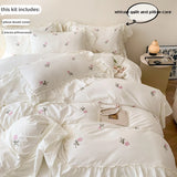 Tineit 3pcs Rose Embroidered Duvet Cover Set (1*Duvet Cover + 2*Pillowcase, Without Core), Princess Style Lace Bedding Set