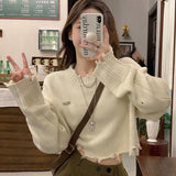 thanksgiving outfit Tineit Y2K Ripped Knitted Crop Sweater Women Autumn Fashion Long Sleeve Tassel Pullover Korean Loose Streetwear Hollow Out Chic Jumper