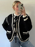 Tineit Striped Knitted Lace Up Cardigan Women O-neck Chic Loose Elegant Long Sleeve Sweaters 2025 Spring Casual Pocket Coat Lady Tops