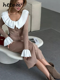 Tineit Sexy Knit Flare Sleeve Panelled Dress Women Slim Doll Collar Single Breasted Hip Package Dresess 2024 Autumn Lady Elegant Robes