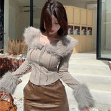 thanksgiving outfit Tineit Hair Collar Knitted Cardigan Women Solid Elegant Simple Fluffy Spring Fall Sweater Skinny Chic Sexy Cropped Lady Tops