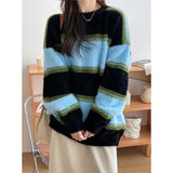 Tineit 2024 Fall Fashion Contrast Striped Pullover Fuzzy Knit Sweater