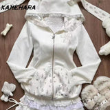 Tineit Sweet Girl Cute Hooded Ear Set Lace Up Hoodie Jacket Fashionable High Waisted Cake Skirt Spring Autumn Y2k 2 Piece Set