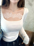 Tineit 2000s Harajuku Casual White Lace T Shirts Woman Long Sleeve Slim Y2k Crop Tops Spicy Girls Outwear Korean Fashion Tees Chic