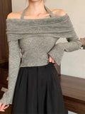 Tineit Solid Halter Ruched Cold Shoulder Sweater