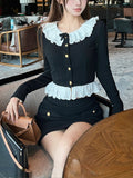 Tineit 2025 Autumn Vintage Black 2 Piece Set Skirt Casual Sweater Tops + Sexy Bodycon Mini Skirt Korean Fashion Knitted Suit Woman Slim