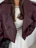 Tineit Fashion Women's Burgundy Crop Leather Jacket Vintage Lapel Pockets Long Sleeve Coat 2024 Autumn Winter Lady Street Loose Outwear