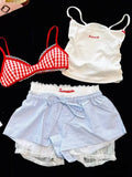 Tineit Woman New Korean Fashion Lace 4 Piece Set Spicy Girls Y2k Elastic V Neck Sling Plaid Top + Casual  Bow Short Pants Chic