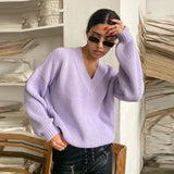 thanksgiving outfit Tineit Casual Knitted V-neck Sweaters Women Vintage Loose Solid Thin Pullover Sweater Female Autumn Soft Chic Daily Street Outwear