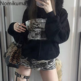 Tineit Harajuku Black Jackets Women's Clothing Furry Hooded Zip-up Outwear Streetwear Fashion Casual Print Y2k Coats 2025 Ropa Mujer