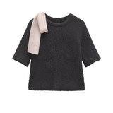 Tineit Knitted Mohair Bow Sweater Women Short Sleeve O-neck Loose Elegant All-match Pullover Female 2025 Winter New Chic Jumper Top