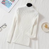 thanksgiving outfit Tineit Pit Stripe Knit Sweater Women Korean Fall Winter Fashion Slim Elegant Solid Half High Collar Long Sleeve Pullover Basic Chic Top