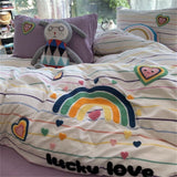 Tineit Korean Ins Dopamine Rainbow Embroidered Washed Cotton Bedding set Duvet Cover Home Luxury No Filling Bedding Set Bed Sheets