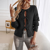 Tineit Knitted Lace Up Sweater Cardigan Casual Long Sleeve O-neck Hollow Out 2025 Autumn Sweaters Solid All-match Basic Soft Warm Coat