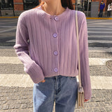 thanksgiving outfit Tineit Purple Knitted Sweater Women Fashion Casual Long Sleeve Straight Button Cardigan Solid Elastic Vertical Pit Stripe Fall Jumpers