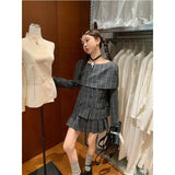 Tineit Autumn American Vintage Suits Grey One Shoulder Shawl Coat Top Pleated Short Skirt Set Two Piece Set Women Outfits Korean Y2k