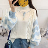 thanksgiving outfit Tineit Twisted Turtleneck Pullover Sweater Women Lantern Sleeves Striped Pactchwork Fall Winter Warm Knitted Sweater Casual Lazy Tops