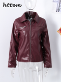 Tineit Street Women's Red Wine Leather Jacket Loose Lapel Zipper Long Sleeve Pockets Female Coat 2024 Autumn Lady Vintage Solid Outwear