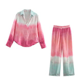 thanksgiving outfit Tineit Autumn New Product Women's Fashion Silk Texture Tie Dyeing Printed Shirt High Waist Wide Leg Pants Set