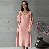 thanksgiving outfit Tineit Casual Knitted Sling Dresses Cardigan Set Women Loose Solid V-neck Knitwear Long Open Sweater Woman's Sets Autumn Chic Oufits