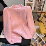 thanksgiving outfit Tineit Sweet Knit Sweater Women Puff Sleeve Gentle Soft Pink Chic Button Top Elegant Gold Single -Breasted Pretty Style Cardigan