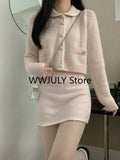 Tineit Pink Korean Fashion Knitted Suit Elegant 2 Piece Set Woman Casual Sweater Tops + Sexy Bodycon Mini Skirt Office Lady 2025 Autumn