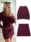 Tineit Elegant Knitted Cardigan Mini Skirt Sets Women Wine Red V Neck Long Sleeve Cardigans A-line Skirts 2024 Autumn Lady Knit Outfits