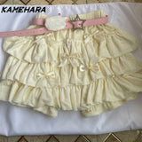 Tineit Y2K Sweet Ruffles Mini Skirts Kawaii Lolita Bow A Line Skirts Harajuku Japanese High Waist Pink White Ball Gown Skirt