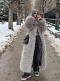 Tineit Women's Fashion Grey Warm Faux Fur Long Coat 2024 Luxury Lapel Full Sleeve Thick Fluffy Overcoat Winter Casual Female Streetwear