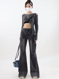 christmas outfit Tineit Women Vintage Baggy Cargo Flare Jeans High Waist Denim Trouser Emo 2000s Y2k Harajuku 90s Black Gothic Jean Pants Trashy Clothes