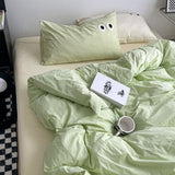 Tineit Ins Style Nordic Bedding Set No Filling Duvet Cover Pillowcase with Cute Eye Embroidered Solid Color Single Queen Size Bed Linen