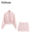 Tineit Sexy Crop Coats Mini Skirt Sets Women Slim Stand Collar Coast Short Zipper Skirts 2024 Autumn Lady Casual Pink Running Tracksuit