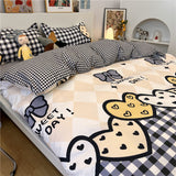 Tineit Cute Bear Bedding Set Cartoon Floral And Animal Duvet Cover Blue Flat Sheet Soft Polyester Kawaii Queen Full Size Bed Linen