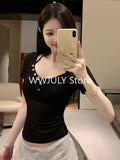 Tineit Summer Basic Short Sleeve T Shirts Women Casual See Through Sexy V Neck Cropped Tees Coquette Solid Color Slim Tops Chic