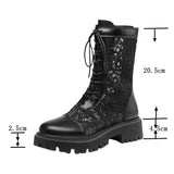 cold weather outfits Tineit Women Summer Boots Round Toe Thick Heels Breathable Lace Mesh Lace-Up Size 35-45 Black Sweet Spring S3318