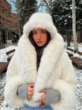 Tineit Chic White Women's Cropped Faux Fur Jacket With Hood Fashion Thick Warm Fluffy Plush Short Coat Winter Thermal Female Streetwear