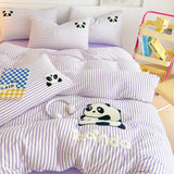 Tineit Striped Bedding Set Full Size Cartoon Duvet Cover for Kids Purple Bed Sheet Set Single Size Panda Towel Embroidery Bedding Sets