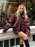 Tineit New Burgundy Chic Zipper Front Leather Bomber Jacket Women's Fashion Oversized Lapel Full Sleeved Coat 2025 Lady High Streetwear