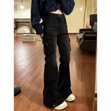 Tineit Vintage Wash High Waist Cargo Jeans