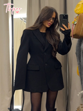 Tineit New Women Fashion Black Waist Up Suit Jacket Chic Two Buttons Lapel Collar Long Sleeve Coat Female 2025 Elegant Slim Fit Outwear