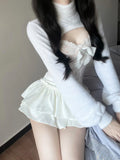 Tineit Korean Fashion White Skirt Sets Women Casual Slim Crop Tops + Sexy Y2K Lace Vest + Sweet Party Kawaii Mini Skirt 2025 Spring