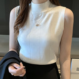 thanksgiving outfit Tineit Solid Elegant Vest Women Fashion Blue Soft Elastic Half High Neck Sweater Office Lady Slim Korean Knitted Sleeveless Basic Tops