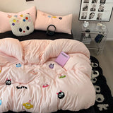 Tineit Korean Style Fresh Bedding Set Water Washed Cotton Cute Towel Embroidered Duvet Covers, Bed Sheets, Dormitory