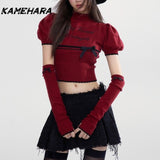 Tineit Y2k Sweet Bow Half High Neck Bubble Sleeve Knitted Sweaters Spring Summer Red Short Sleeved Slimming Pullovers Свитер