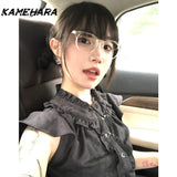 Tineit Y2k Aesthetics Pleated Shirt Grunge Gothic Skull Print White Shirts Trashy 2000s Style O-neck Blouses Japanese Harajuku