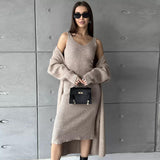 thanksgiving outfit Tineit Casual Knitted Sling Dresses Cardigan Set Women Loose Solid V-neck Knitwear Long Open Sweater Woman's Sets Autumn Chic Oufits