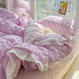 Tineit Ins Style Korean Princess Bedding Set Duvet Cover Wash Cotton Solid Color Summer Soft Bed Sheet Set Comfortable Set Quilt Cover