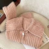 thanksgiving outfit Tineit Faux Mink Cardigan Women White Single-Breasted Elegant Solid Basic Sweater Doll Collar Lazy Vertical Pit Stripes Knit Jumpers