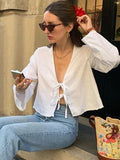 Tineit Linen Bow Lace Up Hollow Out Blouses Women Solid Loose V Neck Long Sleeve Shirts 2024 Spring Summer Lady Fashion Casual Tops